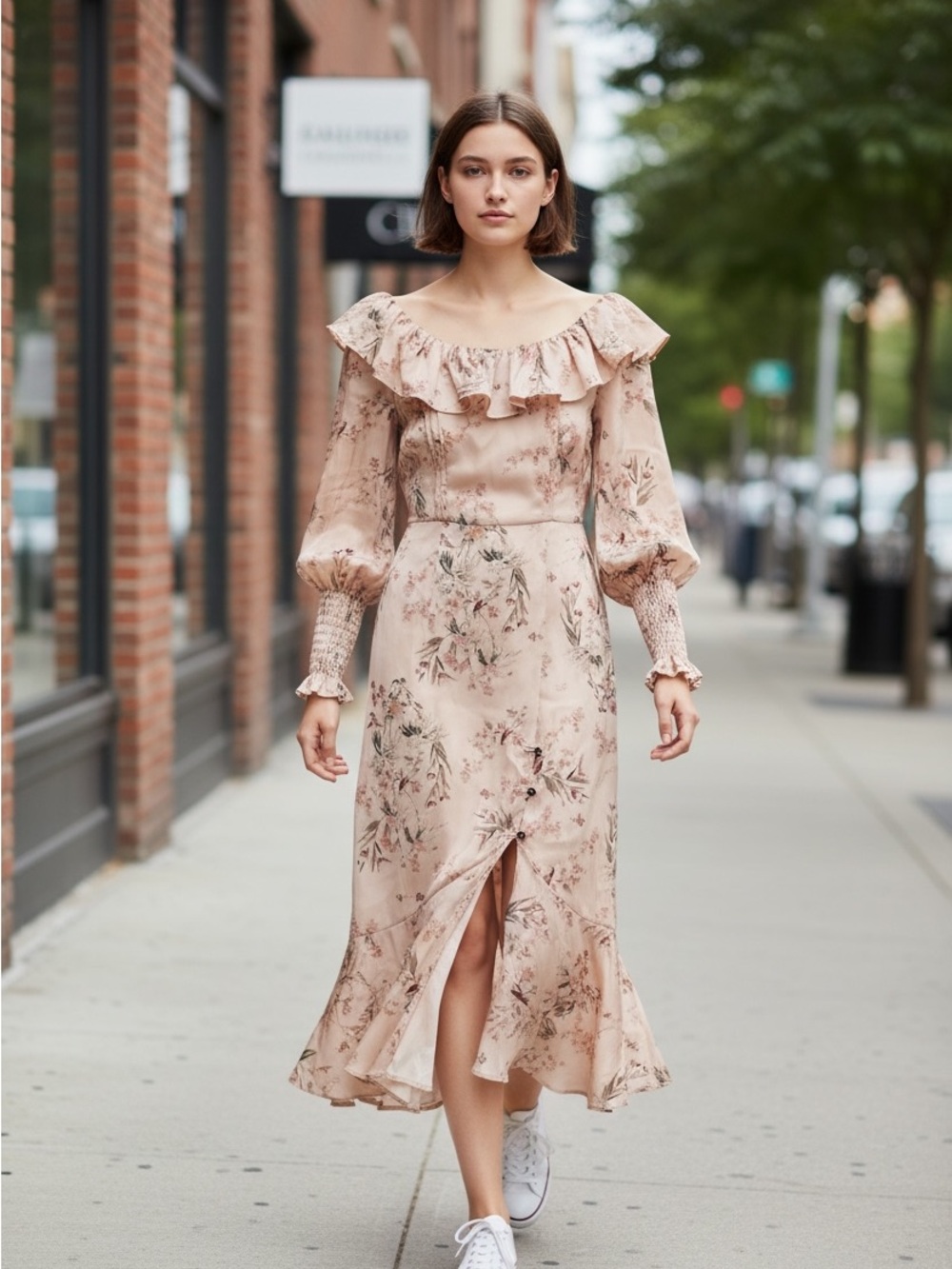 Floral Ruffle Midi Dress in Blush Pink
